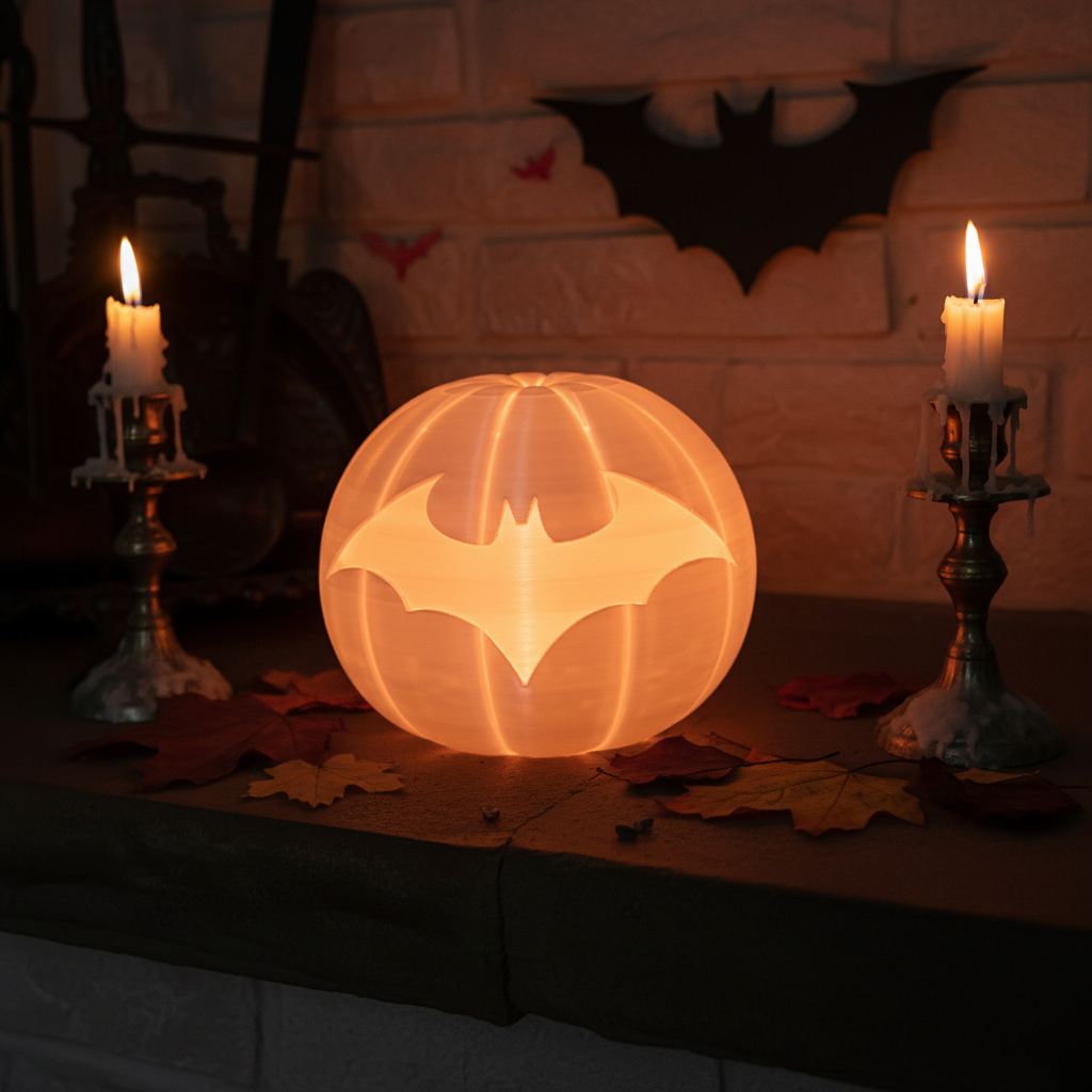 Halloween Batarang Pumpkin in dramatic Halloween setting