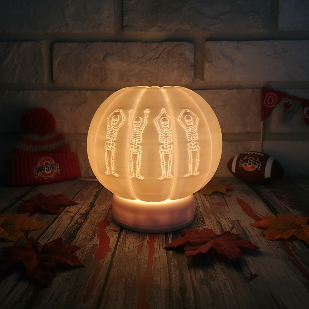 Halloween O-H-I-O Skeleton pumpkin in themed setting