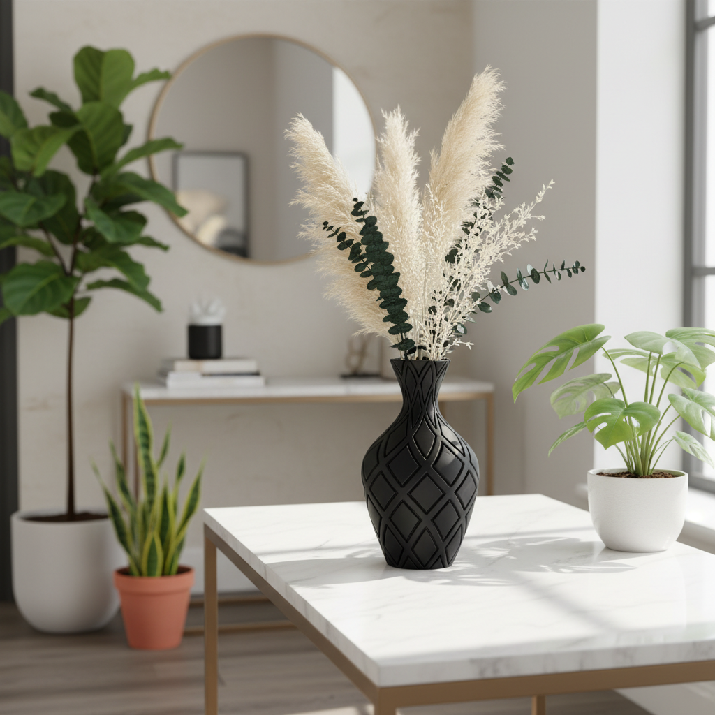 Vase-Embedded Diamond Weave with plants